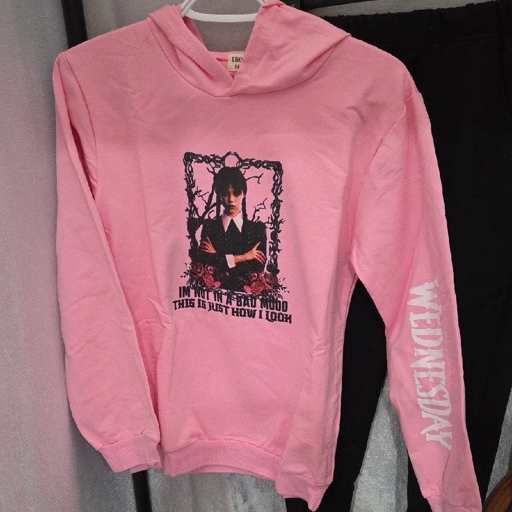Pink Graphic Hoodie with Wednesday Design